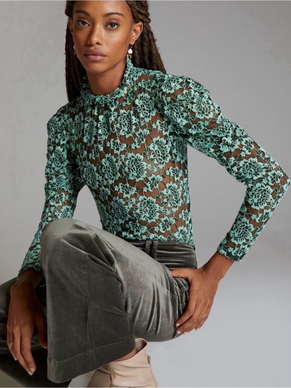 Anthropologie Dolan Left Coast Green Sheer Lace Mock Neck Blouse Small